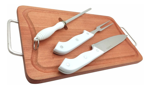 Imagem 4 de 7 de Kit Churrasco Tábua Com Alça Lateral Faca Garfo Chaira Inox