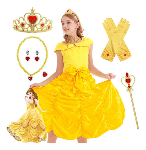 Princesa Bella Disfraz Vestido Niña Fiesta Cumpleaños + 4pcs Disfraces De Halloween