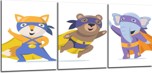 Cuadro Triptico Animales Super Héroes Infantil 90x40cm