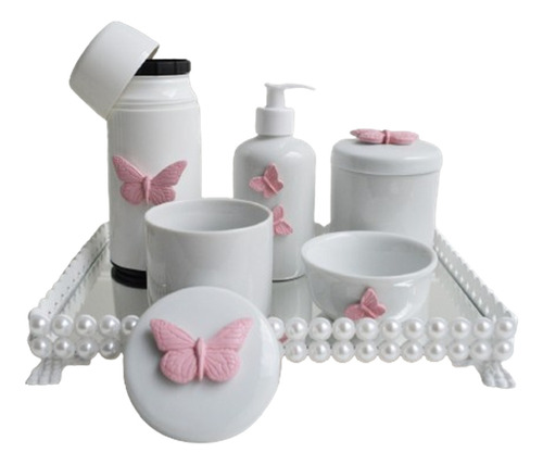 Kit Higiene Porcelana Bebe Rosa Bandeja Perola Termica Pote 