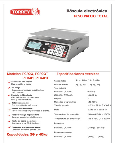 Báscula Comercial Digital Torrey Pcr 40kg 35 Cm X 29 Cm