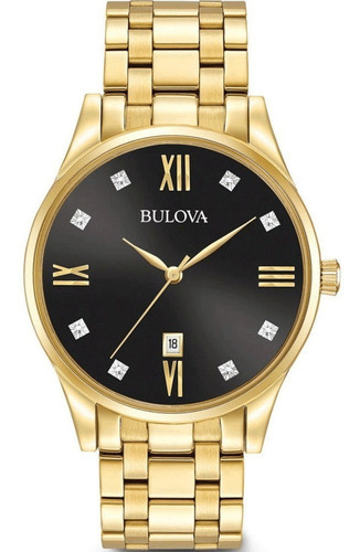 Reloj Bulova 97d108 con diamantes para hombre, color de correa dorado y bisel, color de fondo dorado, color plateado