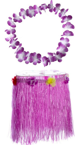 Set Disfraz Pollera Y Collar Hawaiano Hula Flores Colores