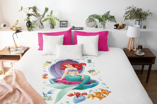 Cobertor Casal Ariel Manta Microfibra Menina Cor Branco Desenho Do Tecido Princesa Ariel