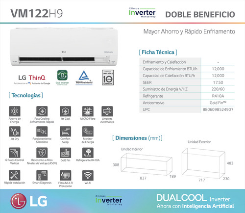 Mini Split LG Inverter 1 Ton 220v Frío Calor Wifi R410 Msi