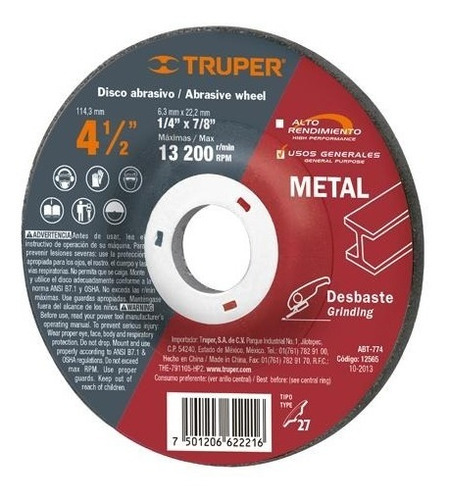 Disco T.27 Desb. Metal 4-1/2' Uso Gral. Truper 12565
