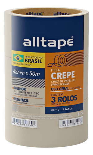 Fita Crepe Larga 48mm X 50m - 3 Rolos - Alltape