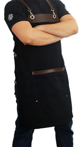 Avental Barbeiro Churrasqueiro Bartender Barista Sarja Preta Cor Preto Com Marrom