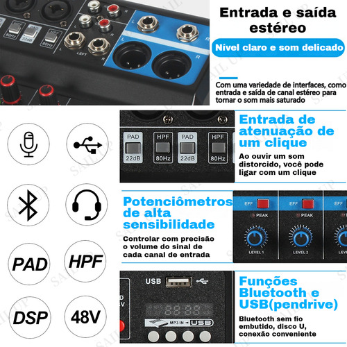 Mesa De Som Com Bluetooth 5 Canais Gravação Computador