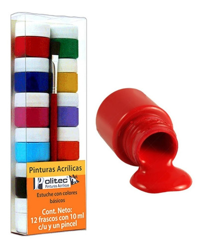 Kit Pinturas Acrílicas Politec 12 Colores 10 Ml C/u Y Pincel
