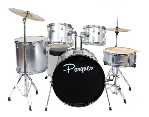 Imagen 1 de 11 de Bateria Acústica Parquer 5 Cuerpos Plateada Platillo Soporte
