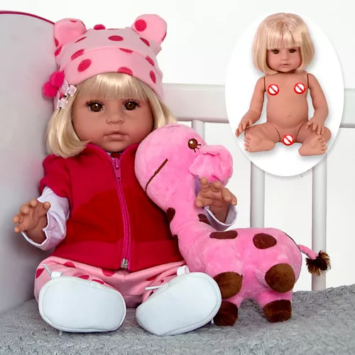 Boneca Bebê Reborn Vinil Realista com Girafinha e acessórios 45cm