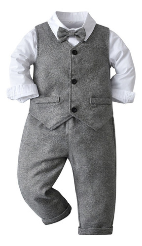Conjunto Formal Para Niños Ropa De Fiesta Moño Niño Gris Oscuro 6-12 Meses