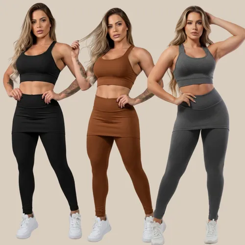 3 Conjuntos Tapa Bumbum Legging Saia Roupas Academia Feminin