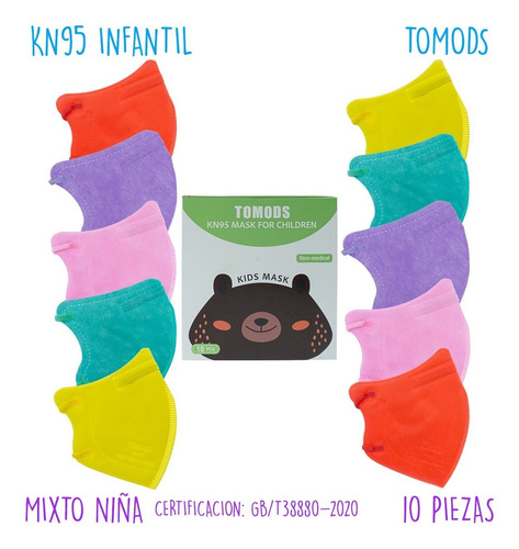 Imagen 1 de 8 de Kn95 Mascarillas Cubrebocas Infantil Caja10pz Colores Tomods