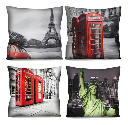 Kit 4 Capas De Almofada Nova York Londres Paris 50x50cm