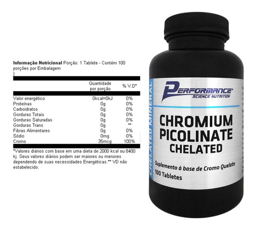 Cromo Picolinato 250 Mcg Performance Nutrition 100 Tab 3und Sabor Sem Sabor