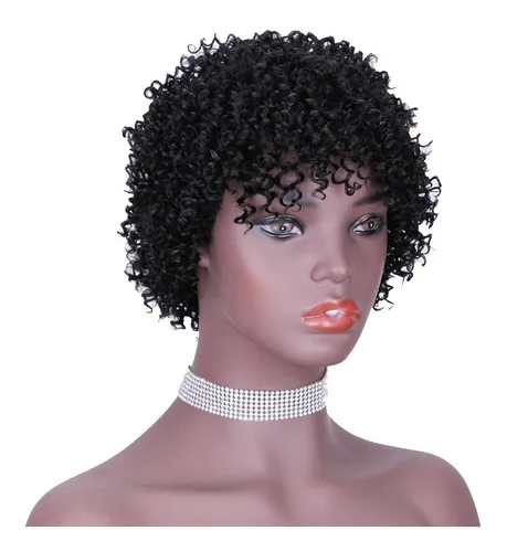 comprar Peruca De Cabelo Humano Curto Tipo Preto Cacho Áfro + Touca