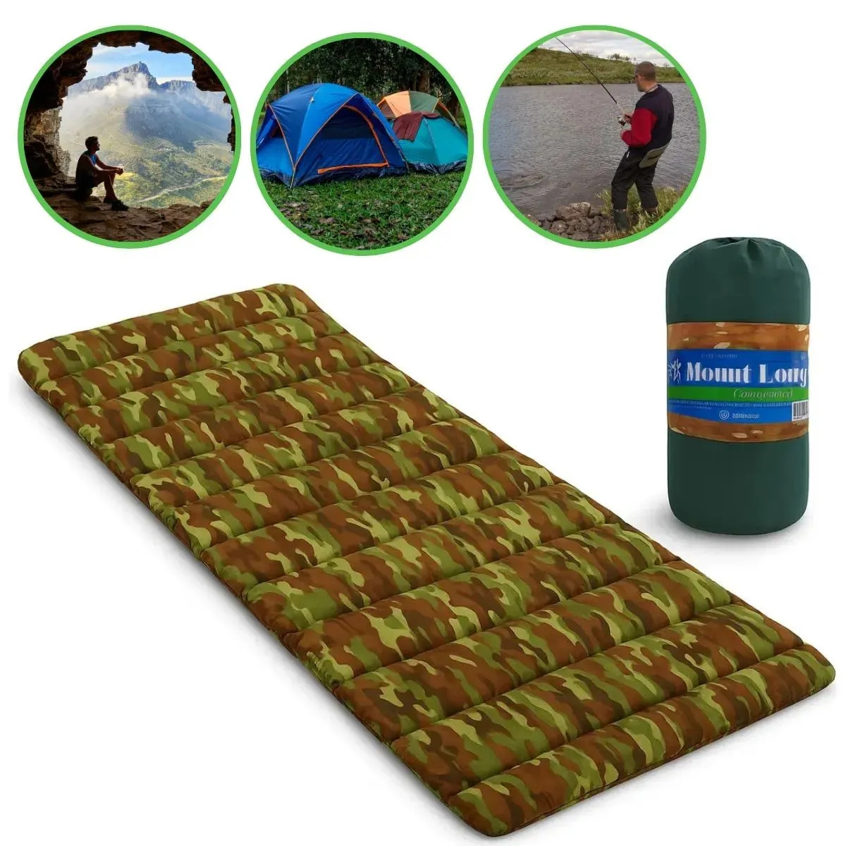 Colchonete Camping Camuflado Colchao dobravel Saco De Dormir Hezzo Hometech Pesca Acampamento Retiro Trilha C/ Saco De Transporte Mochila