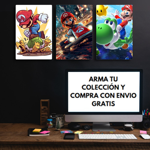 Colección Cuadros Mario Bros Metálicos + Soporte 20x30 Mario Kart