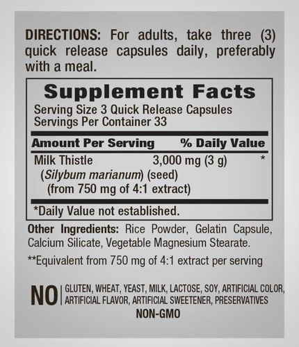 Piping Rock - Milk Thistle Cardo Mariano 3000 Mg X 100 Caps Sin Sabor
