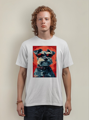 Polera Blanca Hombre Cx Perro Con Gafas De Sol Schnauzer
