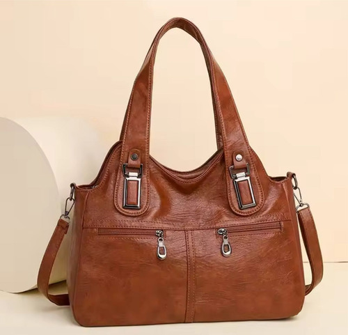 Cartera Bolso De Mujer Grande Estilo Básico De Eco Cuero Marrón Liso Cromado Marrón