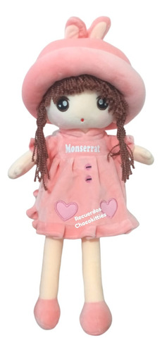 Muñeca Peluche Tela Personalizada Con Nombre Color Rosa 45cm