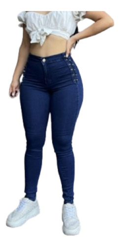 Jeans Trenzado A Los Laterales Modelo Pitillo Azul Marino Liso 38