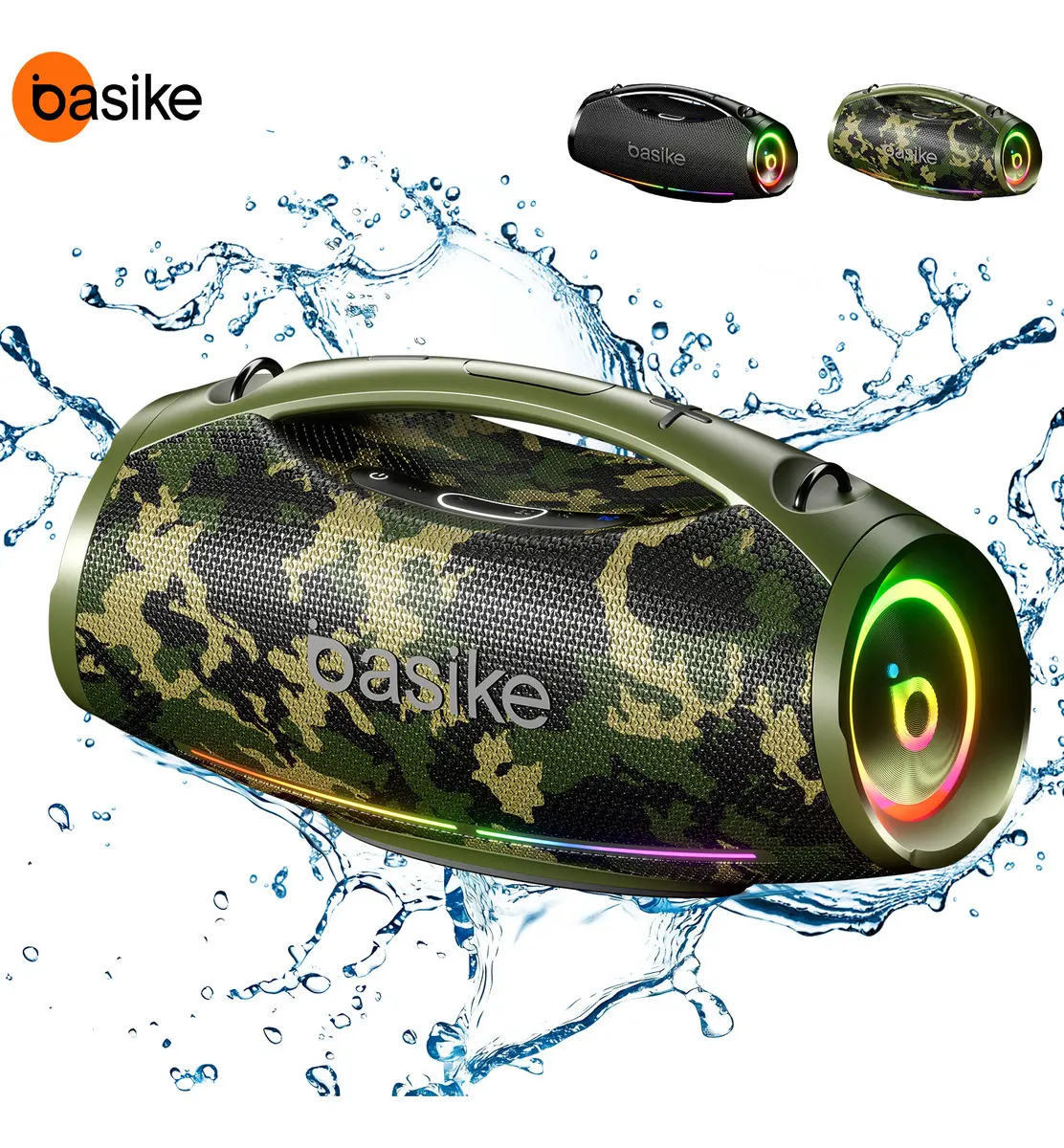 Basike Boombox 200w Caixa De Som Portátil Bluetooth 36hrs Ipx6 Caixa Som Estéreo Bass Boost Alta Hifi Ajuste Graves E Agudos Com Rgb Luzes Led Som Para Festa Camouflage