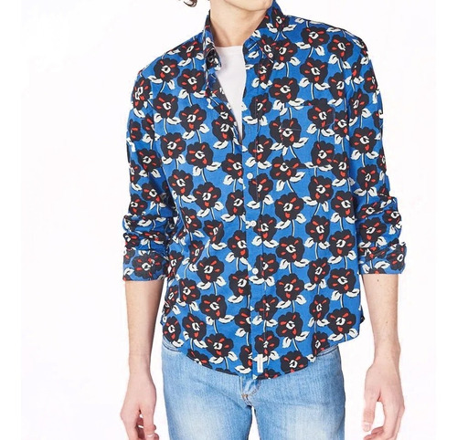 Camisa Hombre Bensimon Chinita Estampada Manga Larga Azul