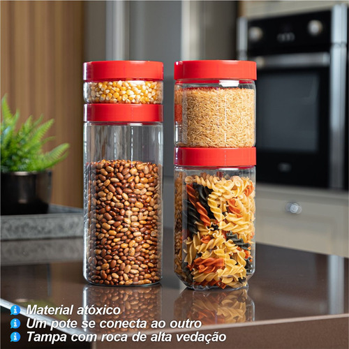 Kit 4 Pote Conecta Uz Tampa Rosqueável Empilhável Vermelho