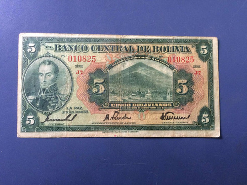 Billete Bolivia 5 Bolivianos Ley 1928