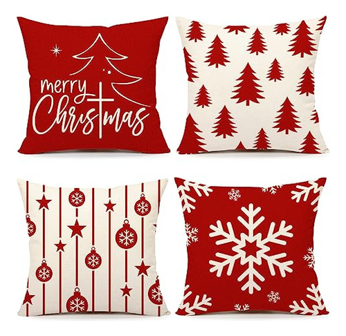 Red Christmas Pillow Covers 16x16 Set Of 4 Farmhouse Ch...