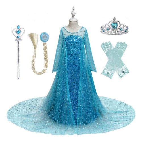 Disfraz Cosplay De Princesa Elsa Frozen Casillo Vestido Baile Azul Niña Fiesta