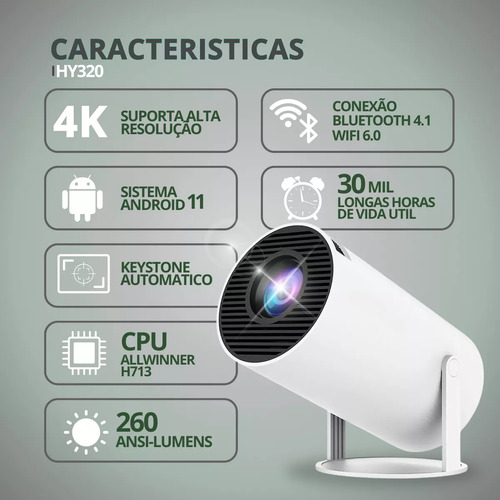 Projetor Hy300 Wifi 6 Hd 260 Ansi Android Cpu Allwinne H713 Smartv Box Br Atualização Branco