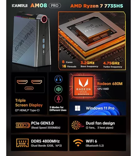 KAMRUI Ryzen Mini PC Gaming,32GB DDR5 Dual Channel 512GB SSD Mini Comp