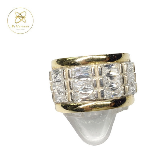 Imagen 2 de 9 de Anillo Plata Y Oro 4 Hileras Baguette Piedra Blanca
