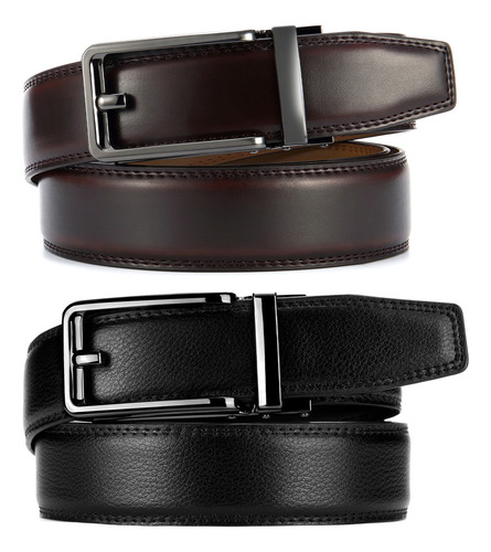 Cinturones Hombre Cuero Vestir Cintos Ajustable Cortable Color Negro Y Cafe Oscuro 2piezas