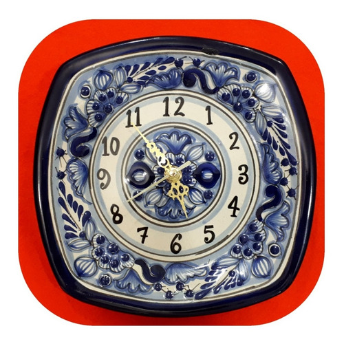 Imagen 1 de 2 de Reloj De Talavera Poblana 20 Cm Cuadrado Azul Tradicional