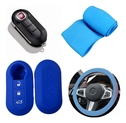 Cubre Volante + Funda Llave Silicona - Fiat Palio Mobi Azul