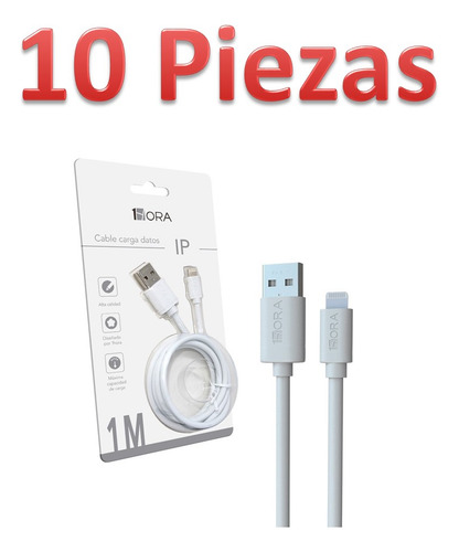 Lote10pz Cable 1hora Ip 1m Usb 2.1a Carga Datos Color Blanco