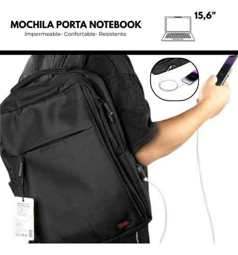 Mochila Porta Notebook 15.6 Pulgadas Con Puerto Usb Carga Negro Liso