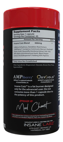 Suplemento Insane Labz Insane Cutz Intense Fat Burner 45 Cáp