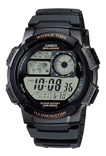 Reloj Casio Ae1000 Hora Mundial, 10 Años De Batería, 100mts Color de la correa Negro