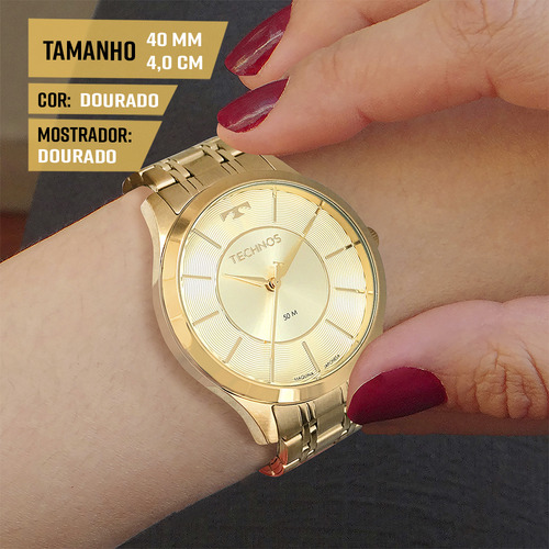 Relógio Technos Feminino Analógico Dourado Com Colar E Brincos Prova Dágua