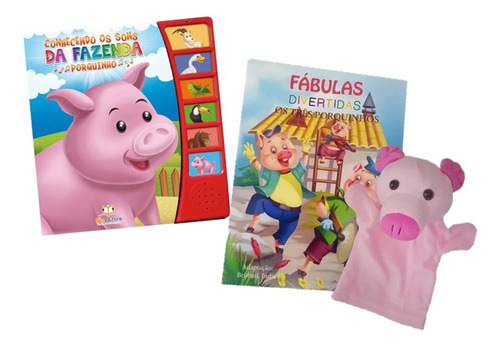 Livros Interativos Para Crianças - Kit Com 1 Livro Sonoro + 1 Fantoche De Porquinho - Leitura Infantil