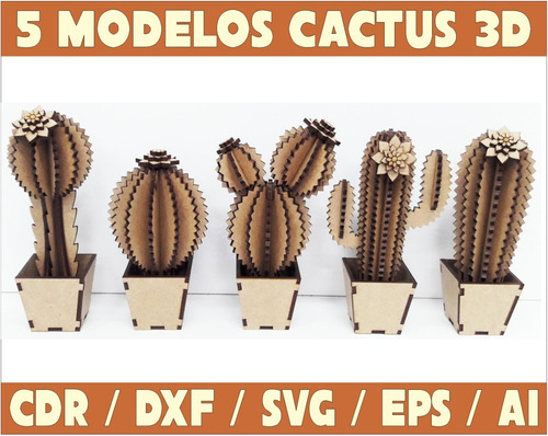 Pack De Vectores Corte Laser- 5 Cactus 3d 15 Cm Mdf 3mm 