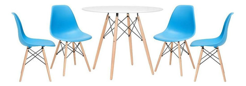 Kit Jantar Cozinha Eames Wood Mesa 90 Cm  4 Cadeiras Dsw Tampa Mesa Branco Com Cadeiras Azul Céu