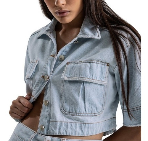 Imagem 1 de 3 de Camisa Manga Curta Feminina Cropped Jeans Lez A Lez 5972l